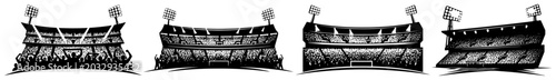 Fotografie Crowded soccer stadium panoramas with floodlights and audience silhouettes in bl