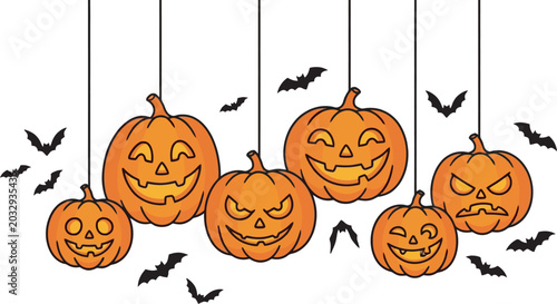 Photos Halloween decorations with hanging jack o lanterns and bats flying around