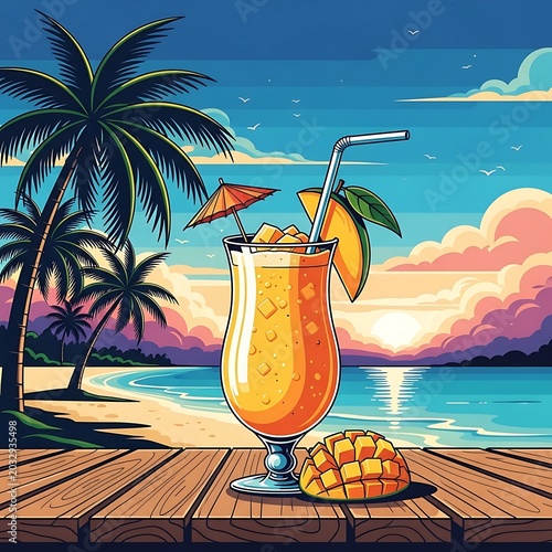 Colorful cocktail with tropical fruits and umbrella.