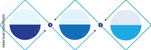 Foto three stage liquid level transition infographic with diamond frames showing dark to light blue water depletion process flow in flat vector style isolated background