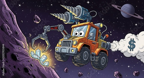 Vintage toy truck with alien and space scene backdrop.