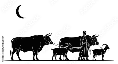 Φωτογραφία Ancient shepherd silhouette with livestock, traditional farmer leading bulls and