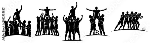 Tableau sur toile Soccer team celebrating victory by lifting teammate on shoulders silhouettes set