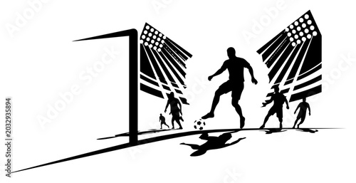 Schilderij op canvas Soccer players in action near goal post with stadium floodlights in minimalist s