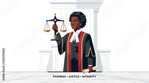 Photos A professional Black female judge holding a scale of justice in a courtroom setting