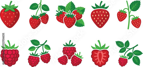 Assortment of fresh red strawberries and raspberries with green leaves.