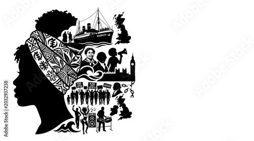 Photos Black history and culture illustration featuring a silhouette of a woman with a patterned headwrap