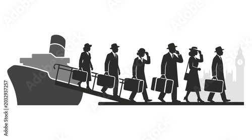 Foto Silhouettes of people carrying luggage walking off a ship gangway