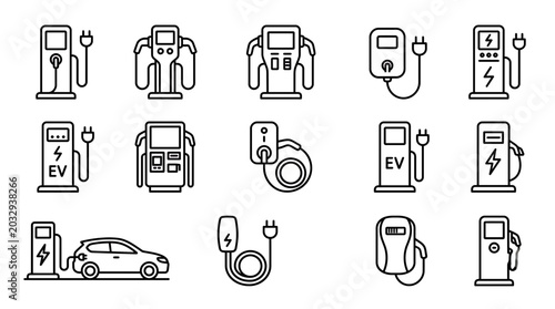 Minimalist black line icons showing various electric vehicle charging station designs and car battery charging equipment, Sustainable green energy logistics and provides technical mobility
