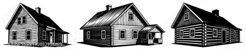 Konstfotografi Rustic wooden houses and country log cabins set in vintage woodcut style