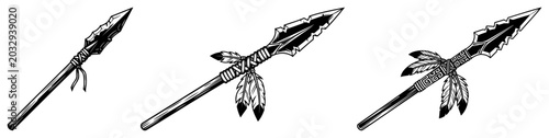 Canvastavla Tribal spears and native lances decorated with feathers in vintage engraving sty