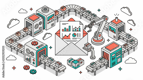 Isometric illustration of automated factory conveyor belts moving boxes with robotic arms and data report envelope, representing industrial automation and symbolizing logistics management