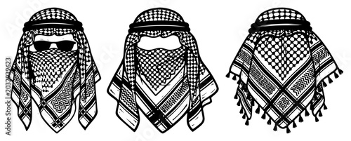 Fotografie Arabian keffiyeh headscarves and shemagh face wraps in vintage engraving style