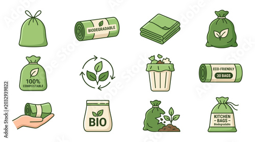Various green eco friendly biodegradable trash bags and compostable waste bin icons set on white background, Sustainable garbage disposal representing environmental conservation and ecology