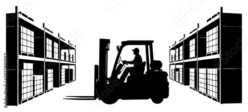 Tableau sur toile Forklift operator driving in warehouse aisle with loaded storage shelves in vect