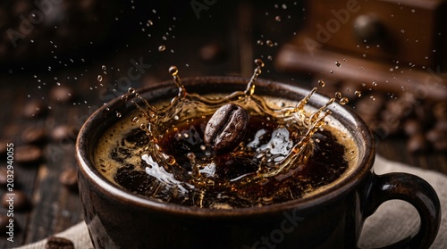 Roasted coffee bean falling into a dark ceramic mug creating a beautiful liquid splash captured in this vivid professional photograph