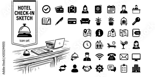 Foto Hotel Check-In Sketch Black White-Reception Bell Concierge Guest-Lobby Vector-Ch