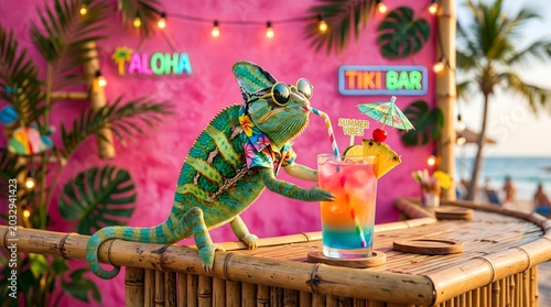 Charming Chameleon at a Tropical Tiki Bar, Enjoying a Colorful Cocktail by the Beach.