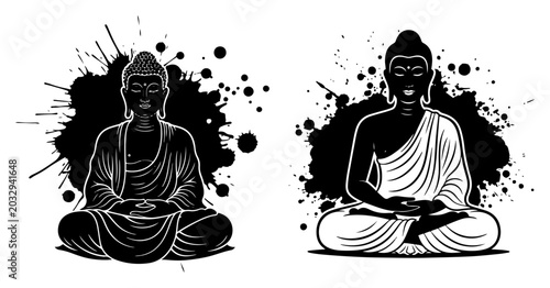 Foto Meditating Gautama Buddha in lotus pose with ink splatters in spiritual Zen styl