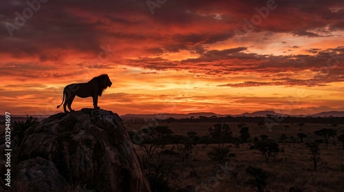 Majestic male lion standing on a rocky outcrop looking over the vast african savanna during a vibrant fiery sunset sky