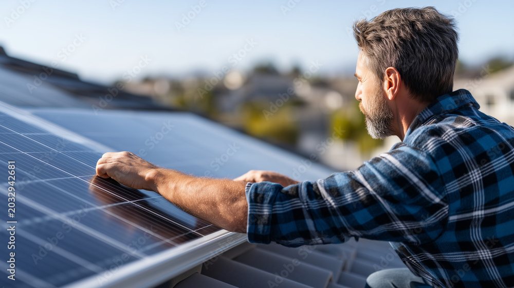 Fototapeta premium European solar technician viewed from behind kneeling on residential rooftop carefully aligning fresh solar panel into mounting rail system, only back shoulders and hands visible,