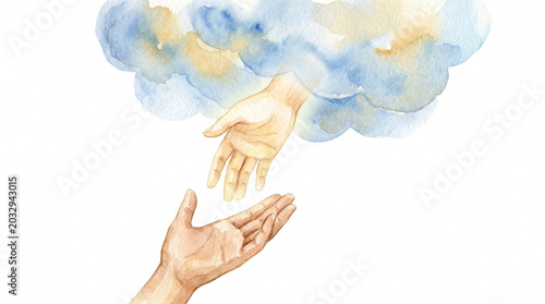 Hands reaching out from clouds in watercolor style illustration  