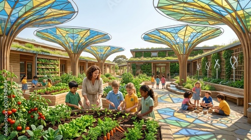 People gardening in a modern greenhouse with treelike canopies.