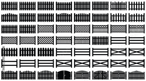 Tableau sur toile Set of different fence types, wooden fences, garden picket fences, metal railing