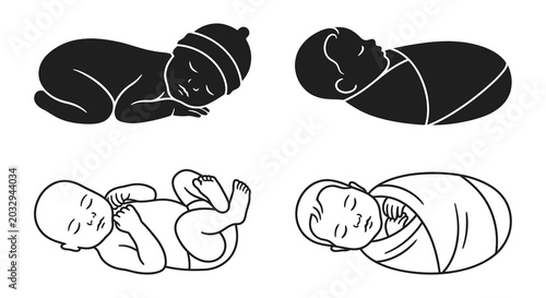 Bild auf Leinwand Sleeping baby silhouettes and line art on a white background