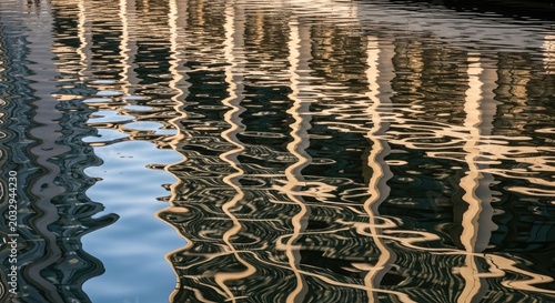 Abstract Reflections of Buildings on Water Surface at Dusk.