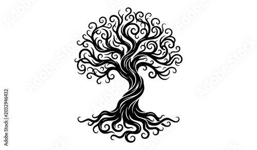 Mystical Black Tree Silhouette Vector Nature Line Drawing with Twisted Branches