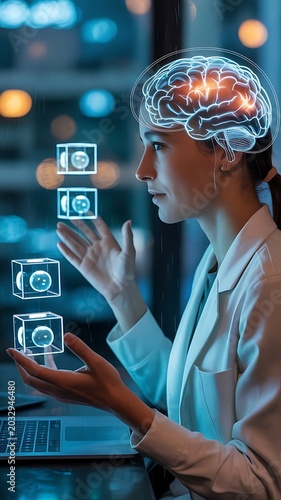 Woman interacting with futuristic brain interface technology