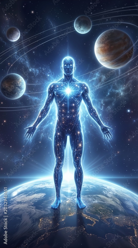 Obraz premium Ethereal cosmic being standing above planet Earth in deep space. Spiritual entity with glowing energy and starlight patterns surrounded by orbiting planets and celestial nebulae.