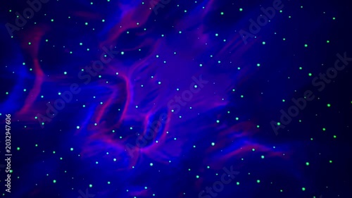 Abstract cosmic visuals depict a seamless transition from deep blue to vibrant purple and intense red, featuring swirling patterns and scattered green stars against a dark cosmic backdrop