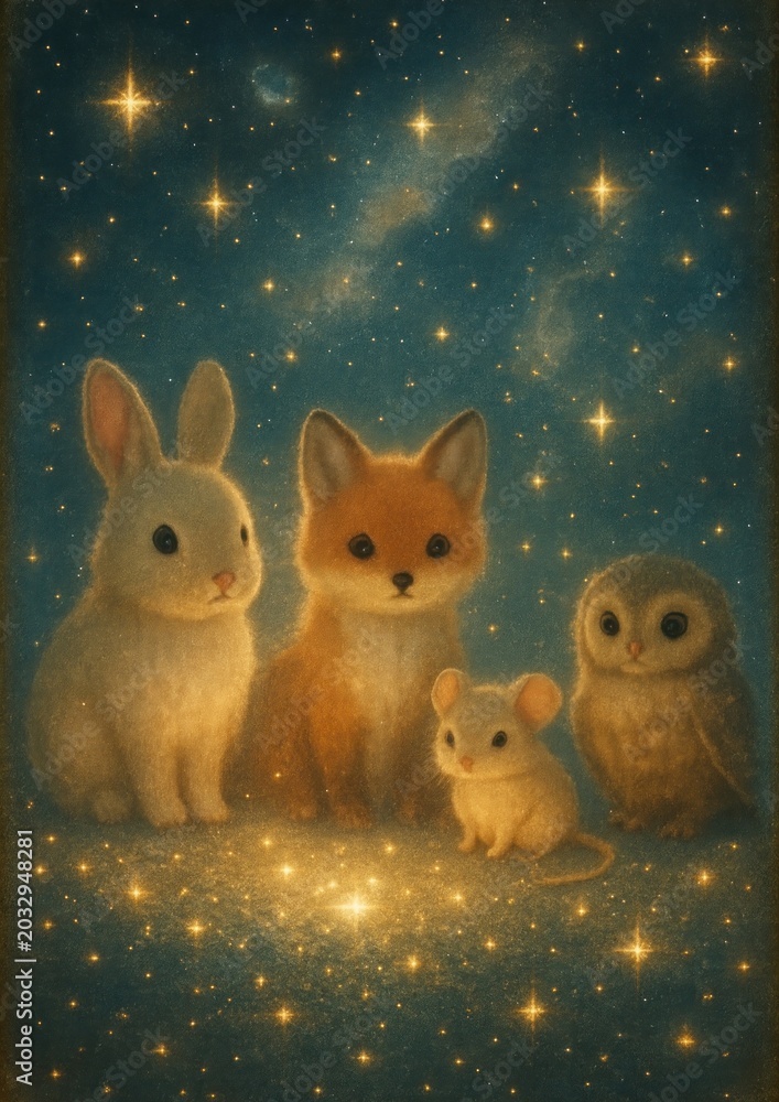 Fototapeta premium Whimsical animals under starlit sky.