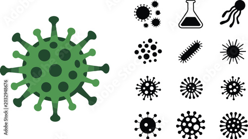 Tableau sur toile Green virus cell molecule icon with laboratory test tubes and microscopic bacter