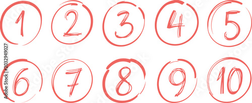 Tableau sur toile Hand drawn numbers one to ten inside red circle brush strokes vector illustratio