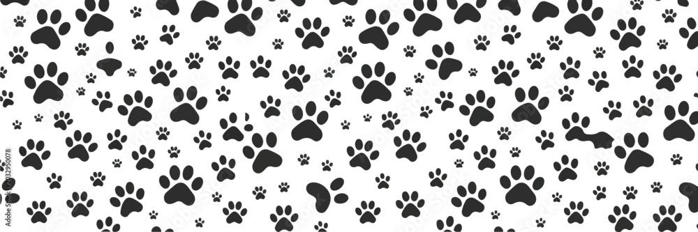 Fototapeta premium Black silhouette animal paw prints seamless background pattern with dog cat bear and wolf foot tracks vector illustration