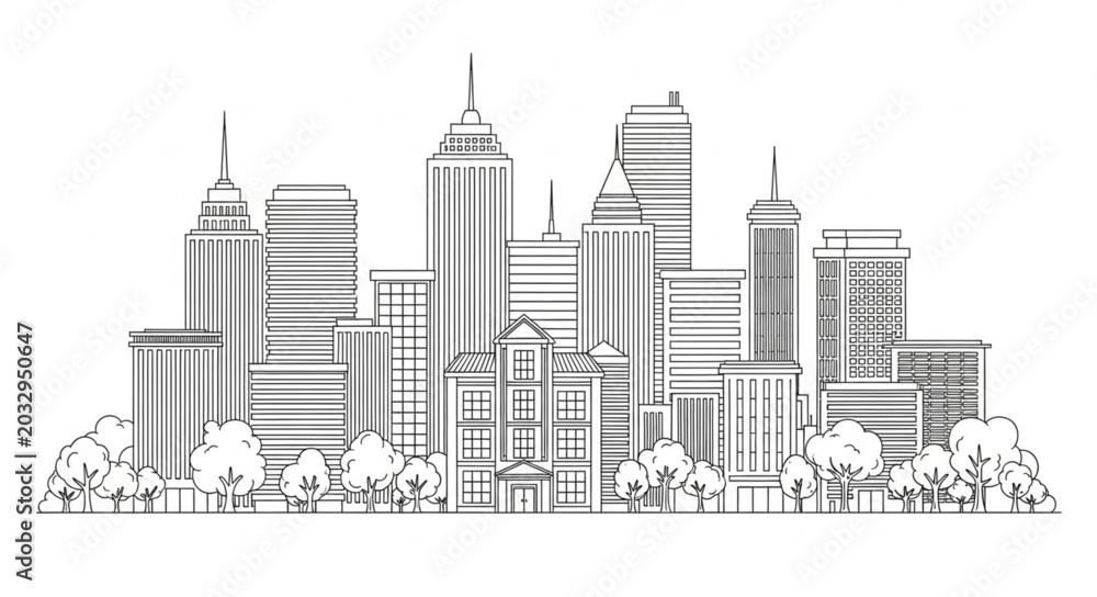 Fototapeta premium Modern city skyline with skyscrapers and trees in a drawing style.