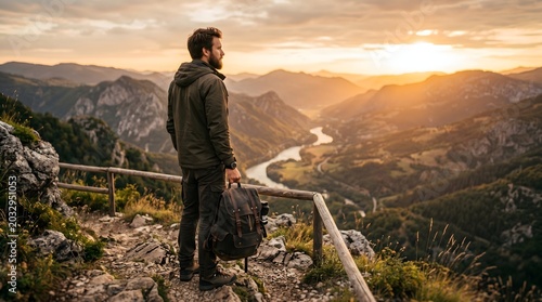 Man standing on a cliff overlooking a scenic mountain landscape at sunset with backpack.