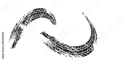 Tableau sur toile Black tire marks on road, Black rubber tire marks and tread marks, Tire trace track wheels texture and background, Auto tire tread grunge, Car wheel tyre tread track black tyre print, Top view
