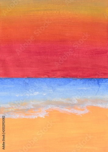 Beautiful Landscape Painting of Minimal Beach Sunset Painting. Colorful Ocean Horizon Artwork