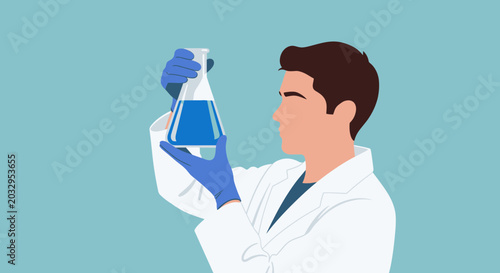 Photos Scientist Holding Erlenmeyer Flask with Blue Liquid in Laboratory