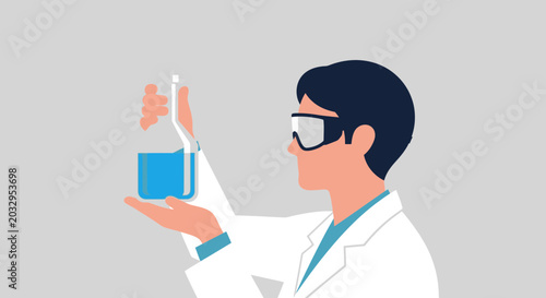 Foto Scientist in Lab Coat Holding Erlenmeyer Flask with Blue Liquid and Goggles