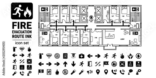 Bilde på lerret Hotel Fire Evacuation Route Ink Black White-Floor Plan Exit Arrow Assembly-Safet
