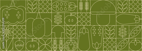 Geometric vegetable pattern in minimalist style. Geometric line drawing. Abstract print background with simple shapes for vegetable shop, food packaging.