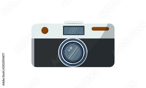 Flat style vector illustration of retro camera. Clean and minimalist professional photo equipment icon. Perfect graphic element for photography studio logo, web design, travel blog, or media project