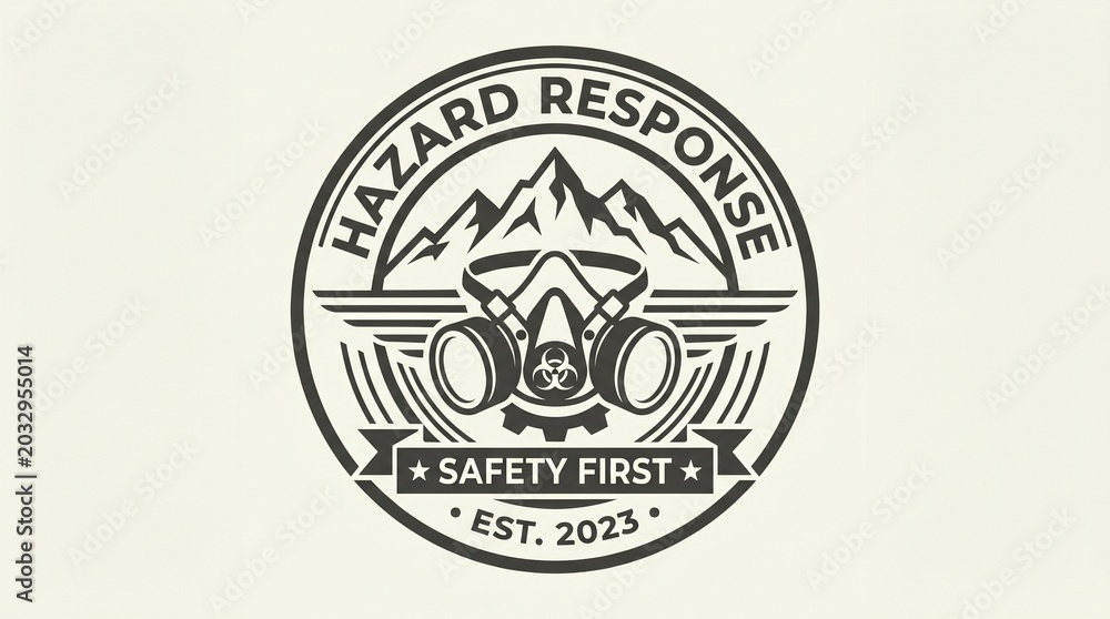 Fototapeta premium Vintage style hazard response safety first logo with mountains and gas mask, established 2023, industrial safety emblem.