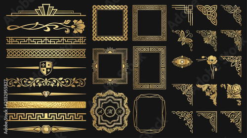 Luxurious golden Art Deco graphic design elements featuring ornate vintage frames, elegant borders, and decorative corners, ideal for premium projects