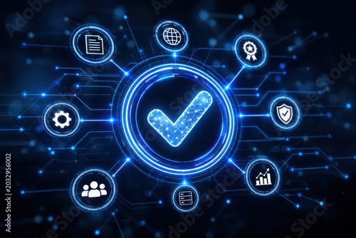 A futuristic digital interface showing a glowing checkmark, symbolizing quality control and certification, connected to business and technology icons on a circuit board background.